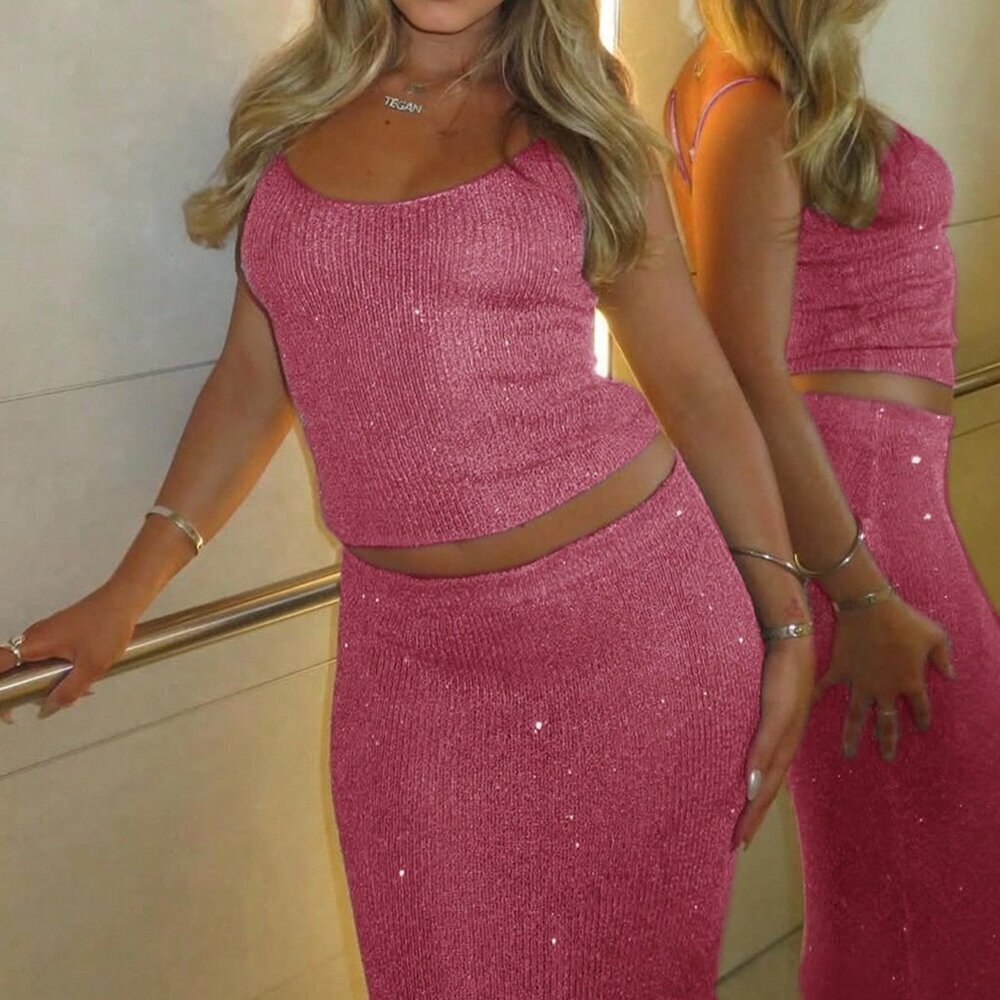 Pink Casual Women's Y2k Sequin V-Neck Spaghetti Strap Camisole